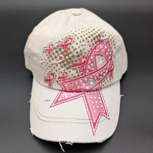 Pink Ribbon Hat Cap Womens Breast Cancer Awareness Rhinestone Preppy FLAWS
